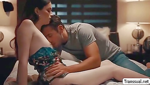 Busty shemale teen is fucking a guy in his bedroom