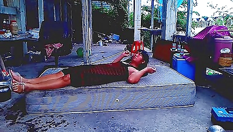 Asian beauty in a sexy outfit and shorts doing it outdoors