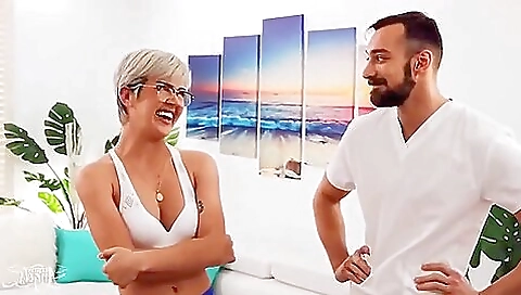 Blonde shemale with massive boobs takes it deep in her asshole