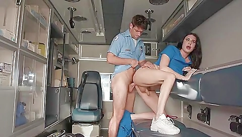 Trans nurse in a split view shows her ass to the camera