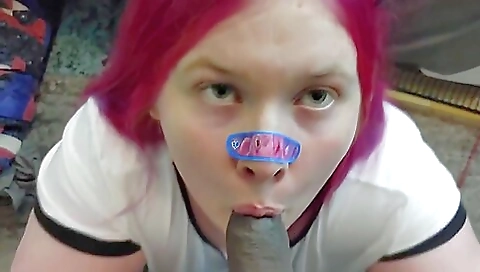 Busty redhead gets cum in her face and in her mouth